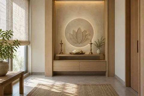 AI-generated puja room design concept: twin-pillar shrine bay, ash and linen direction