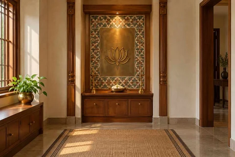 AI-generated puja room design concept: twin-pillar shrine bay, chettinad tile direction