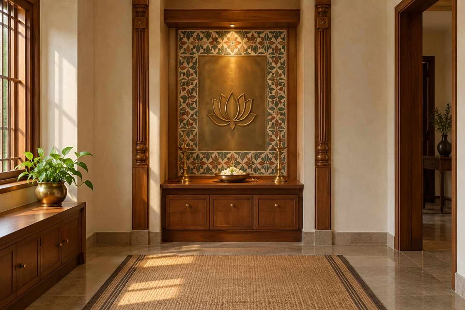 AI-generated puja room design concept: twin-pillar shrine bay, chettinad tile direction