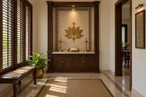 AI-generated puja room design concept: twin-pillar shrine bay, colonial quiet direction