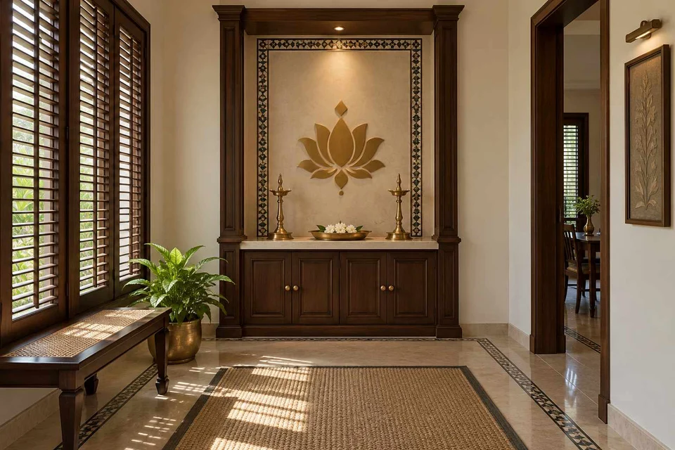AI-generated puja room design concept: twin-pillar shrine bay, colonial quiet direction