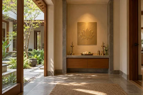 AI-generated puja room design concept: twin-pillar shrine bay, courtyard modern direction