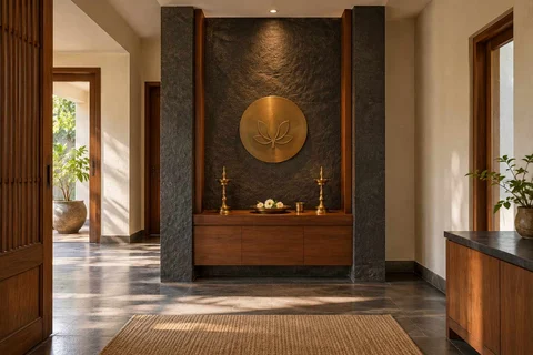 AI-generated puja room design concept: twin-pillar shrine bay, deccan stone direction