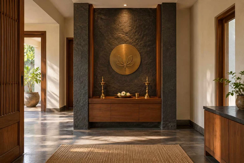 AI-generated puja room design concept: twin-pillar shrine bay, deccan stone direction