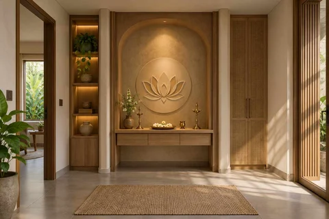 AI-generated puja room design concept: twin-pillar shrine bay, earth and bamboo direction