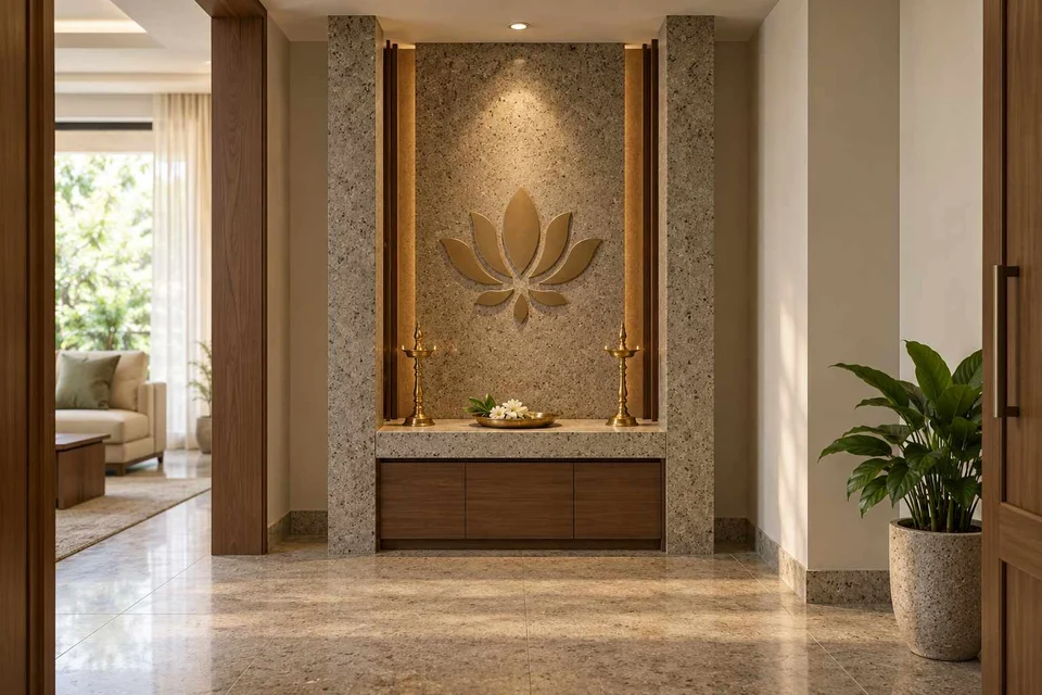 AI-generated puja room design concept: twin-pillar shrine bay, granite precision direction