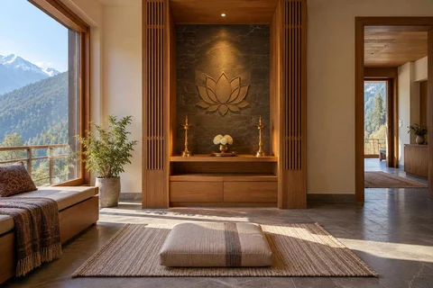 AI-generated puja room design concept: twin-pillar shrine bay, hill timber direction