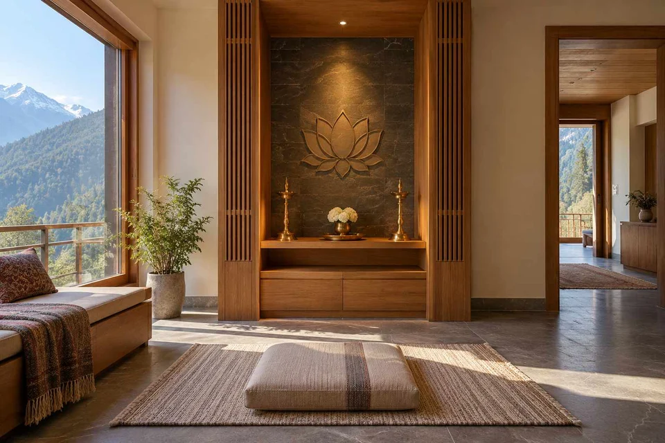 AI-generated puja room design concept: twin-pillar shrine bay, hill timber direction