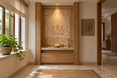 AI-generated puja room design concept: twin-pillar shrine bay, inlay atelier direction