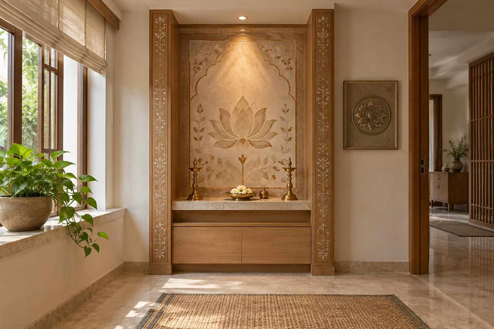 AI-generated puja room design concept: twin-pillar shrine bay, inlay atelier direction