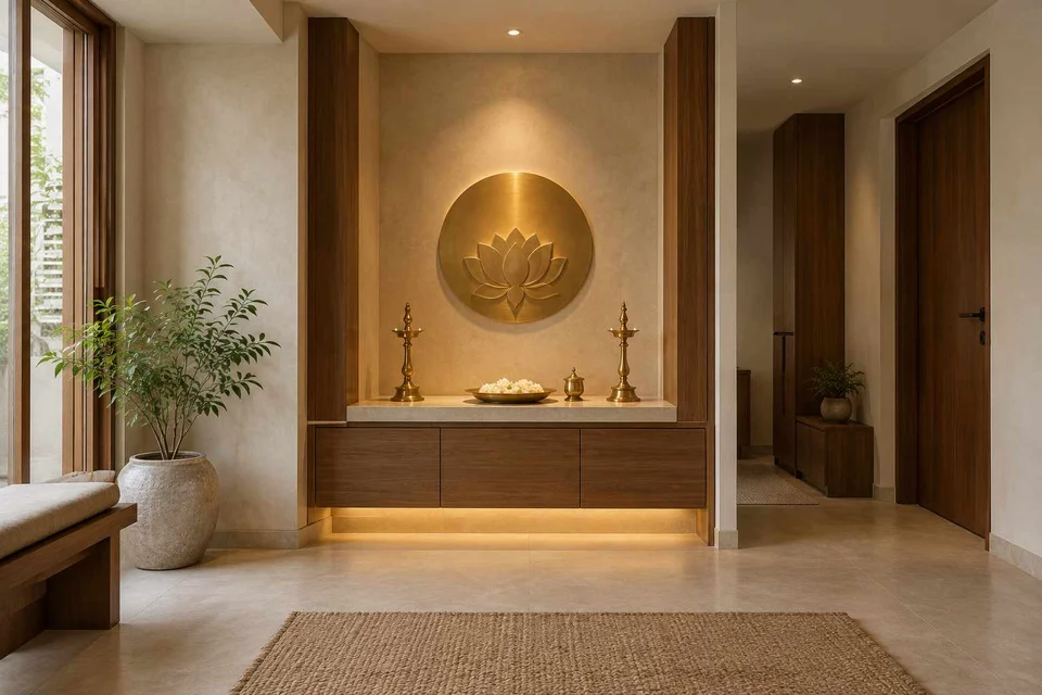 AI-generated puja room design concept: twin-pillar shrine bay, lime and walnut direction