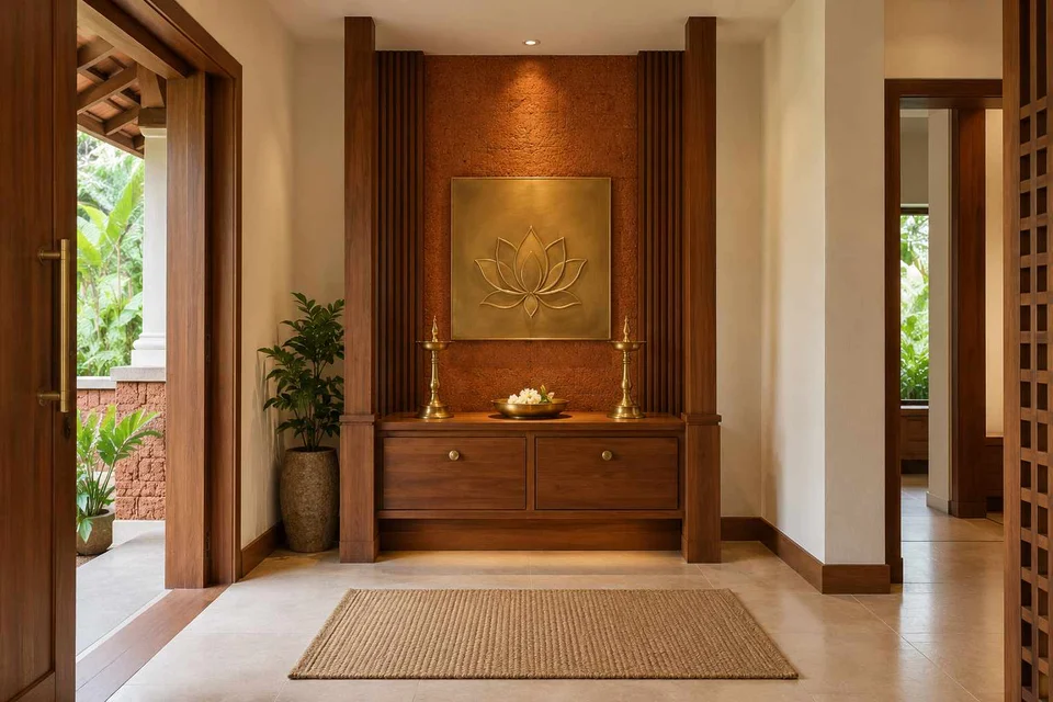 AI-generated puja room design concept: twin-pillar shrine bay, malabar timber direction