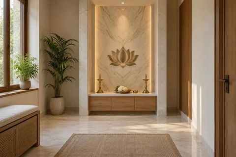 AI-generated puja room design concept: twin-pillar shrine bay, marble restraint direction