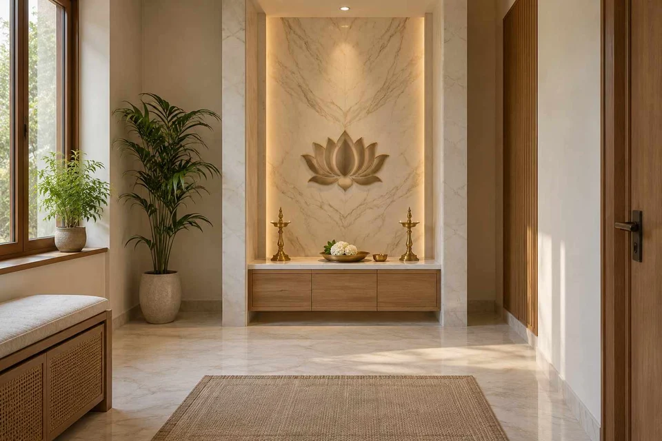 AI-generated puja room design concept: twin-pillar shrine bay, marble restraint direction