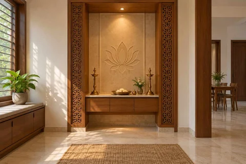 AI-generated puja room design concept: twin-pillar shrine bay, modern carved direction