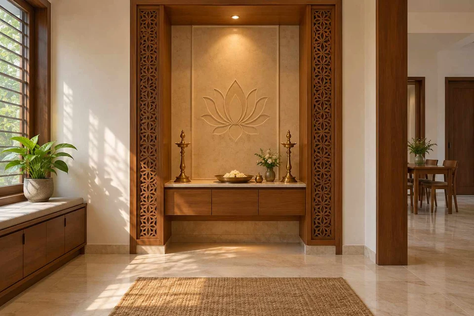 AI-generated puja room design concept: twin-pillar shrine bay, modern carved direction