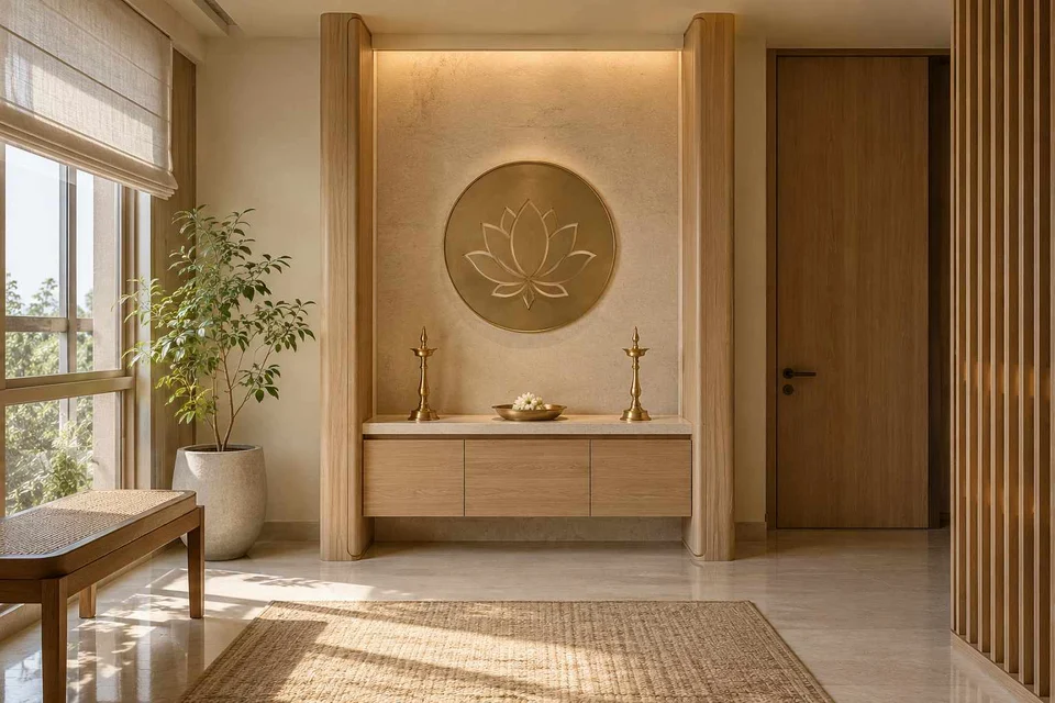 AI-generated puja room design concept: twin-pillar shrine bay, quiet contemporary direction