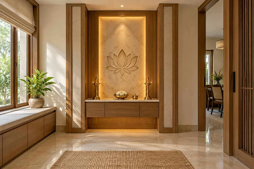 AI-generated puja room design concept: twin-pillar shrine bay, quiet transitional direction