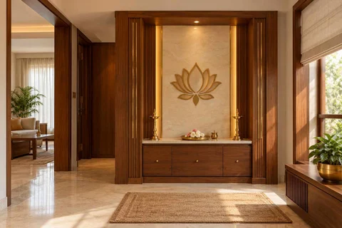 AI-generated puja room design concept: twin-pillar shrine bay, rosewood brass direction