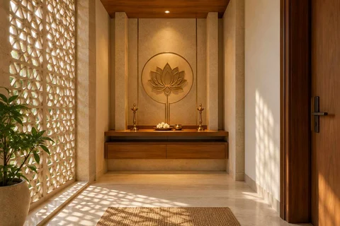 AI-generated puja room design concept: twin-pillar shrine bay, sandstone lattice direction
