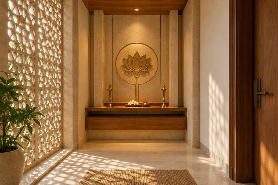 AI-generated puja room design concept: twin-pillar shrine bay, sandstone lattice direction