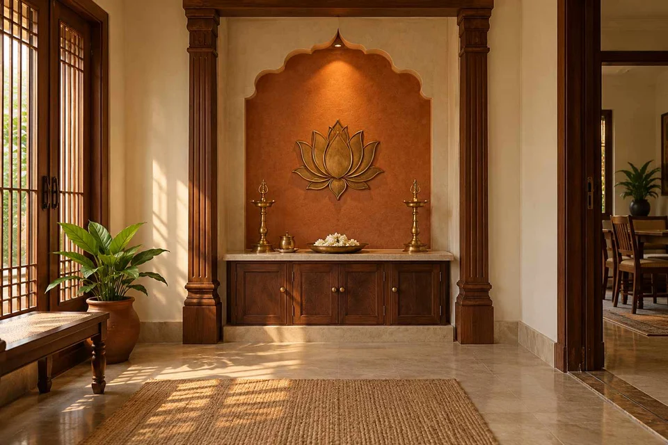 AI-generated puja room design concept: twin-pillar shrine bay, terracotta heritage direction
