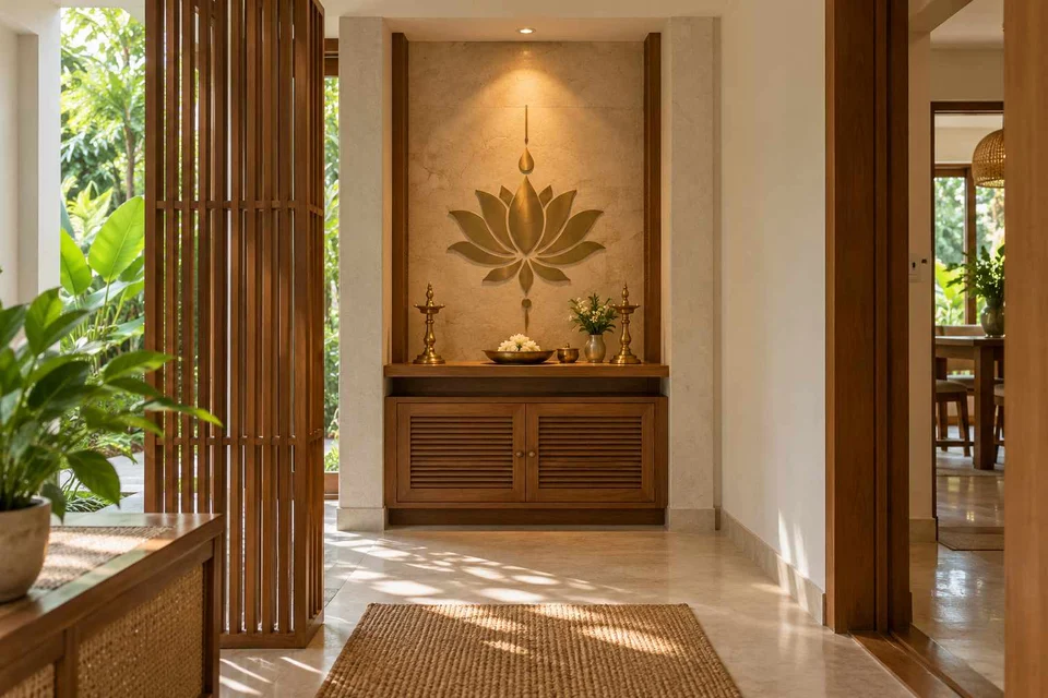 AI-generated puja room design concept: twin-pillar shrine bay, tropical slatted direction