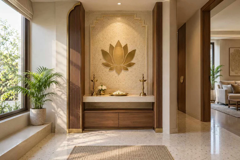 AI-generated puja room design concept: twin-pillar shrine bay, urban deco direction