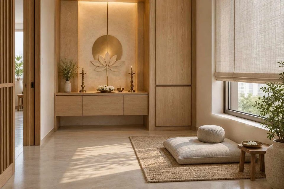 AI-generated puja room design concept: two-zone prayer nook, ash and linen direction