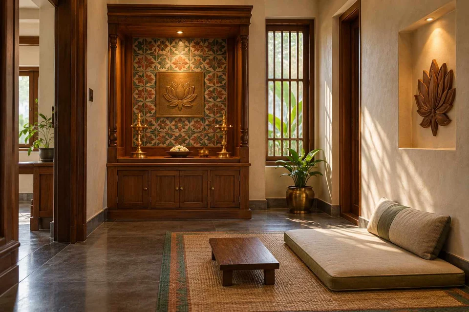 AI-generated puja room design concept: two-zone prayer nook, chettinad tile direction