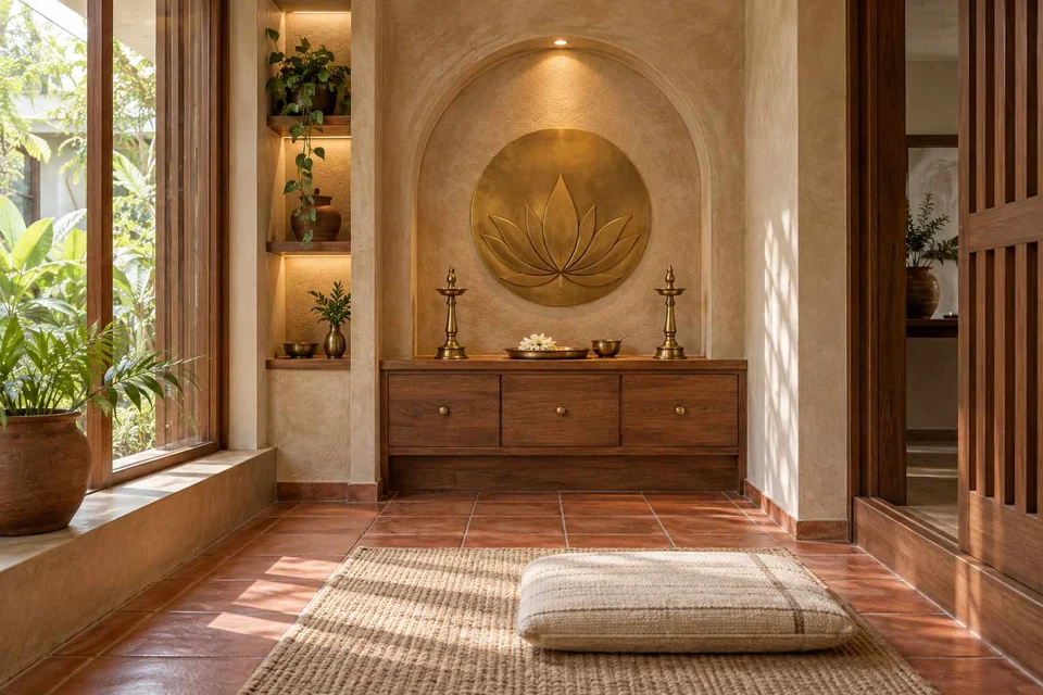 AI-generated puja room design concept: two-zone prayer nook, clay artisan direction
