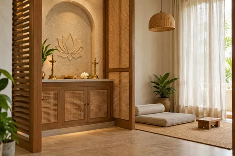AI-generated puja room design concept: two-zone prayer nook, coastal woven direction