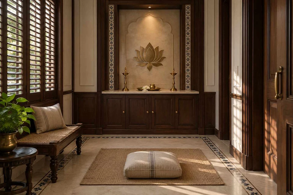 AI-generated puja room design concept: two-zone prayer nook, colonial quiet direction