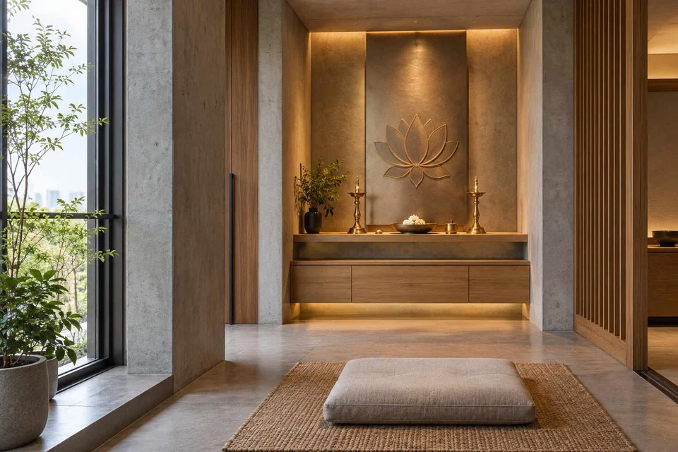AI-generated puja room design concept: two-zone prayer nook, concrete and oak direction