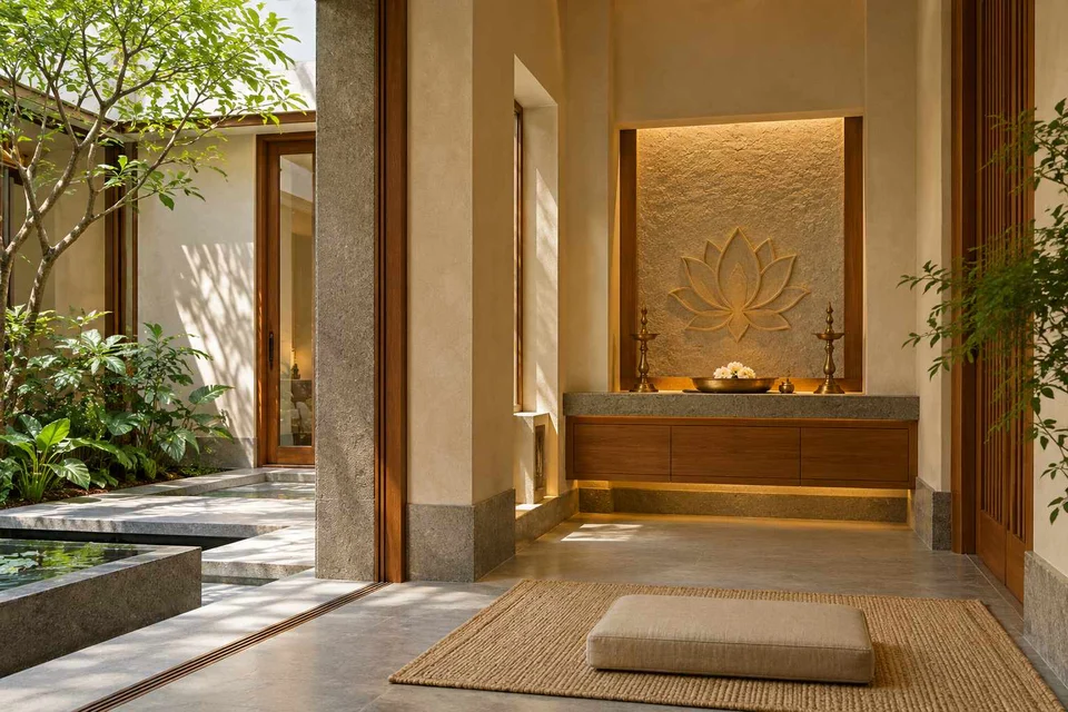 AI-generated puja room design concept: two-zone prayer nook, courtyard modern direction