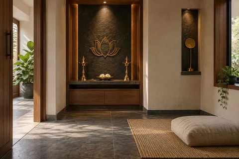 AI-generated puja room design concept: two-zone prayer nook, deccan stone direction