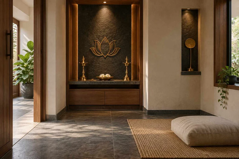 AI-generated puja room design concept: two-zone prayer nook, deccan stone direction