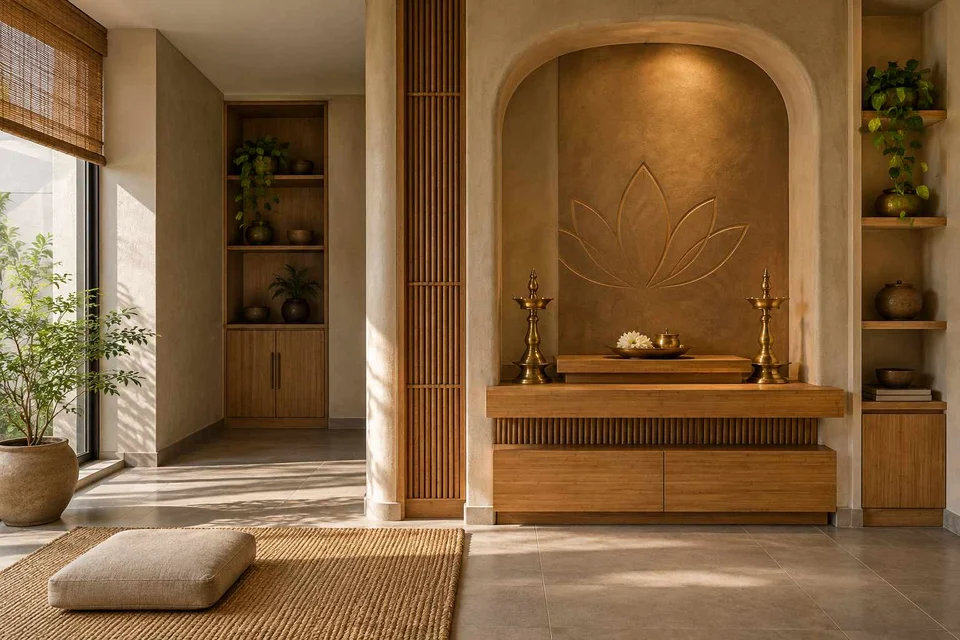AI-generated puja room design concept: two-zone prayer nook, earth and bamboo direction