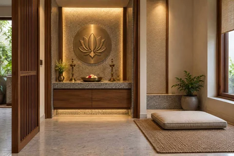 AI-generated puja room design concept: two-zone prayer nook, granite precision direction