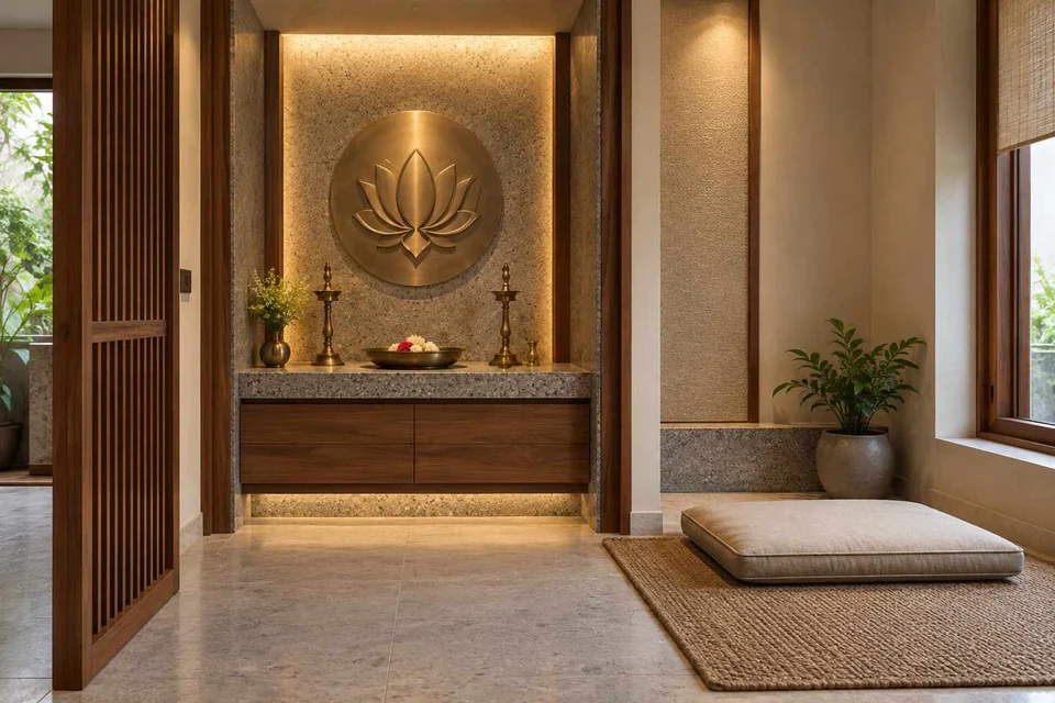 AI-generated puja room design concept: two-zone prayer nook, granite precision direction