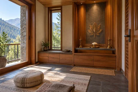 AI-generated puja room design concept: two-zone prayer nook, hill timber direction
