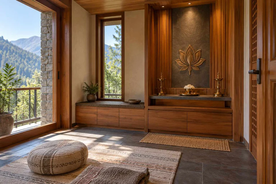 AI-generated puja room design concept: two-zone prayer nook, hill timber direction