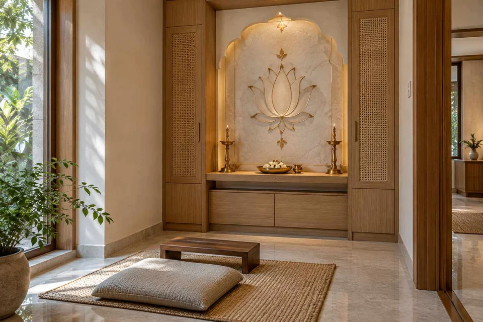 AI-generated puja room design concept: two-zone prayer nook, inlay atelier direction