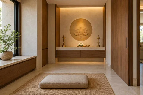 AI-generated puja room design concept: two-zone prayer nook, lime and walnut direction