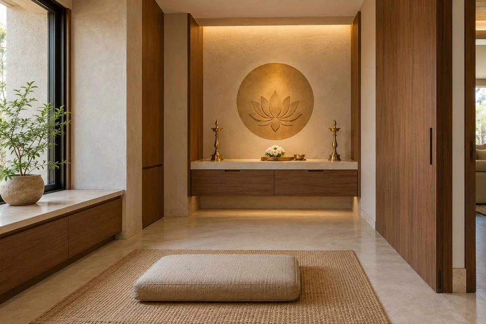 AI-generated puja room design concept: two-zone prayer nook, lime and walnut direction