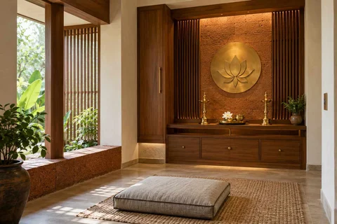 AI-generated puja room design concept: two-zone prayer nook, malabar timber direction