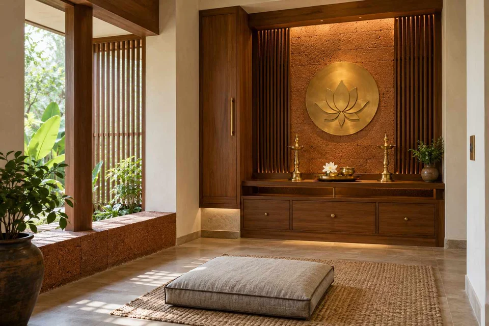 AI-generated puja room design concept: two-zone prayer nook, malabar timber direction