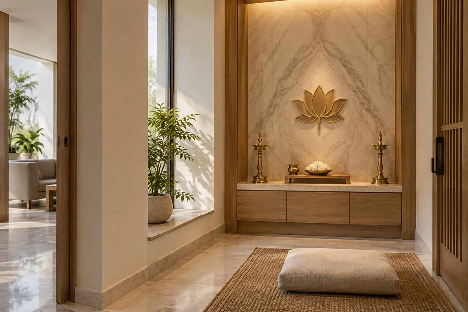 AI-generated puja room design concept: two-zone prayer nook, marble restraint direction