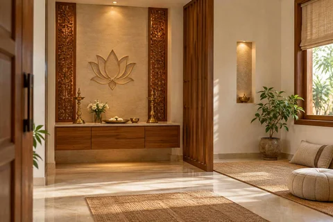 AI-generated puja room design concept: two-zone prayer nook, modern carved direction