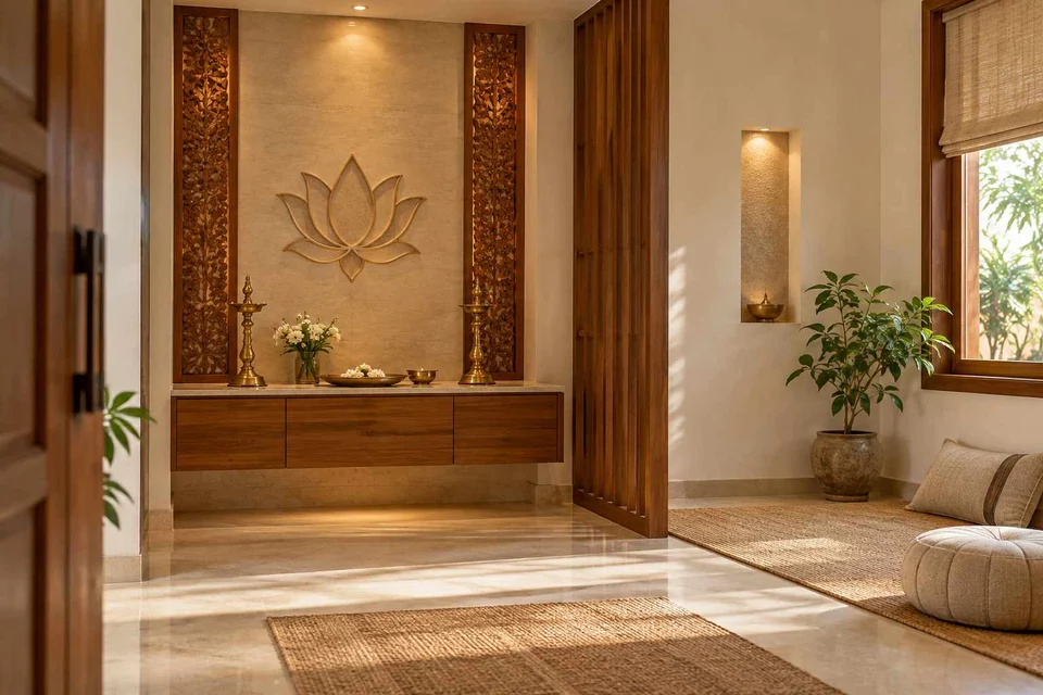 AI-generated puja room design concept: two-zone prayer nook, modern carved direction